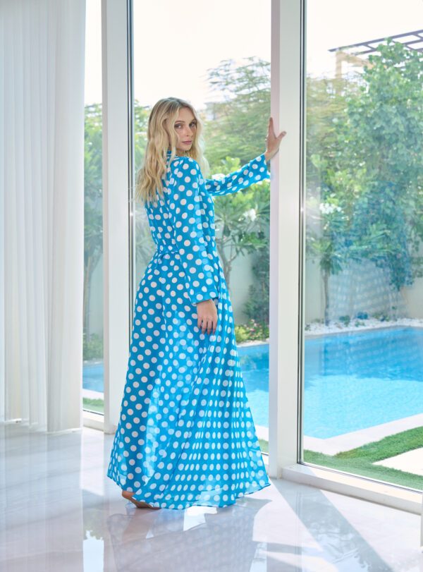 Silk chiffon blue & white polka dot cover-up beach dress - Image 2