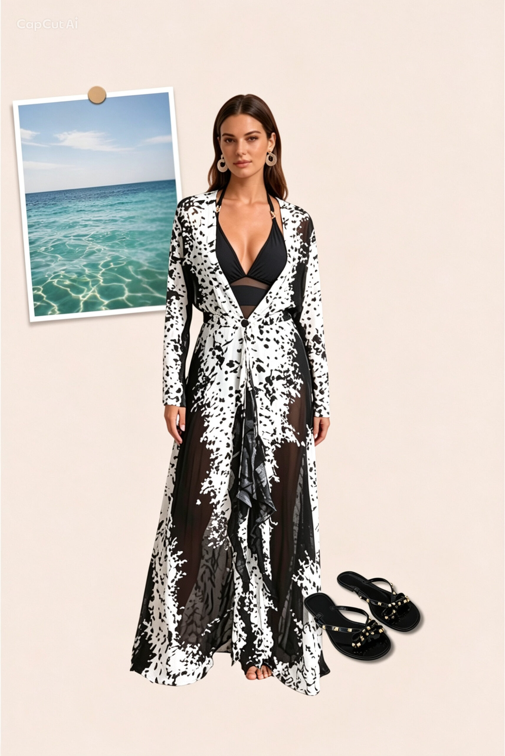 Silk chiffon Cover Up beach dress Black & White - Image 3
