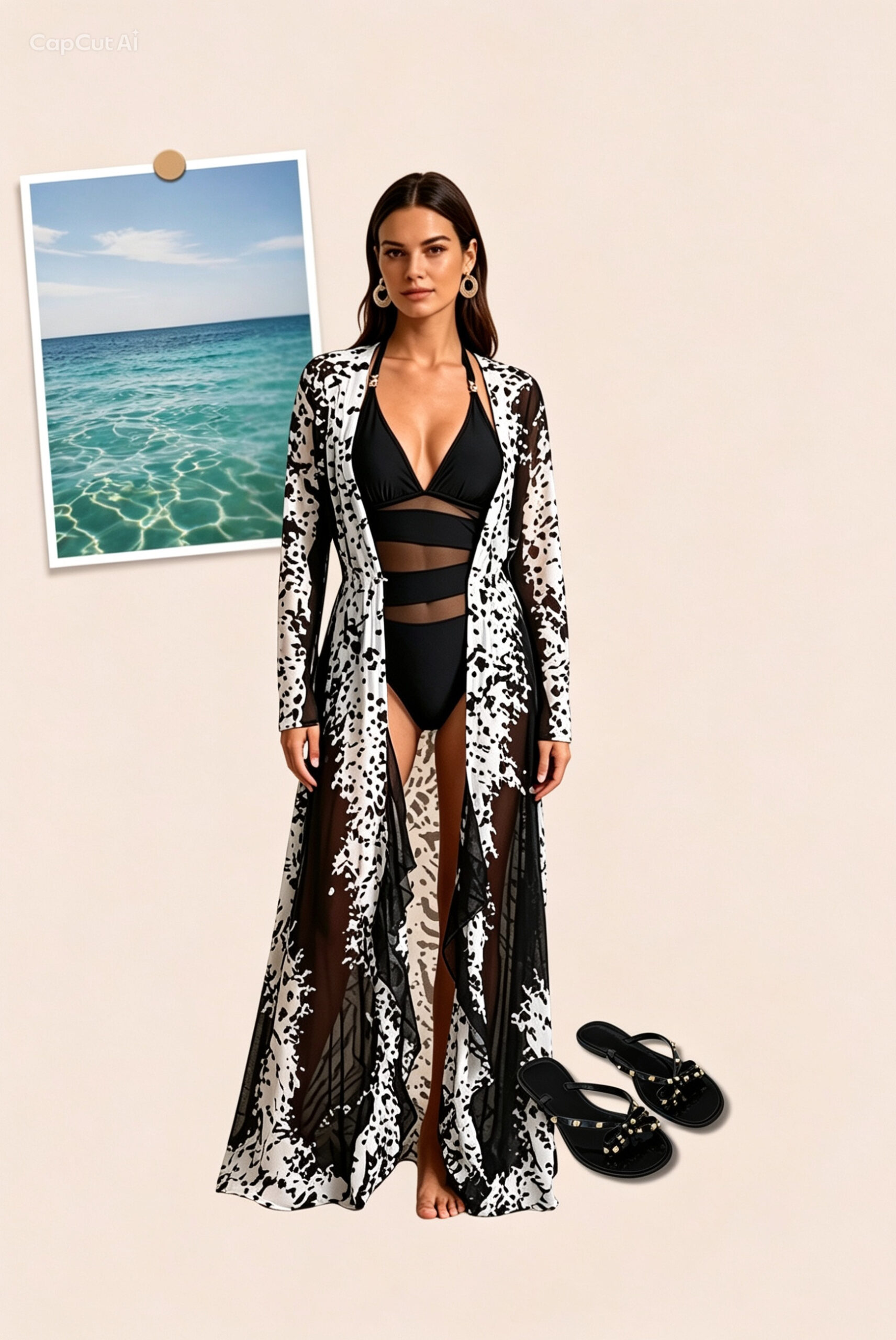 Silk chiffon Cover Up beach dress Black & White - Image 2