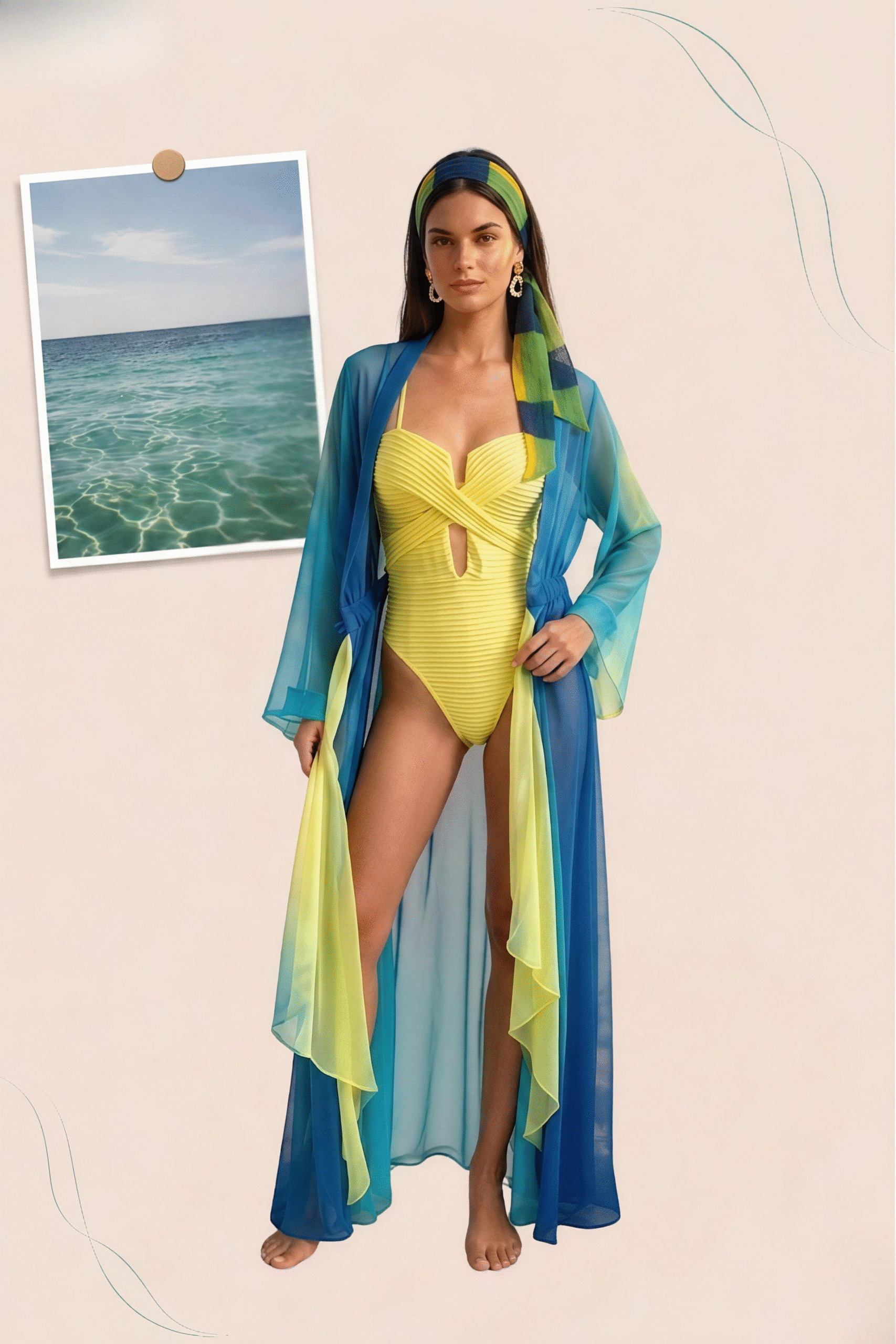 Silk Chiffon Cover Up Beach Dress Blue & Lime Gradient Shades - Image 7
