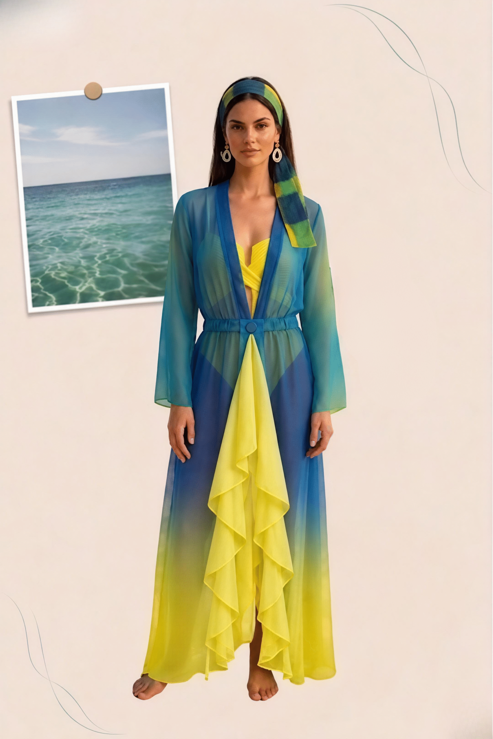 Silk Chiffon Cover Up Beach Dress Blue & Lime Gradient Shades - Image 6