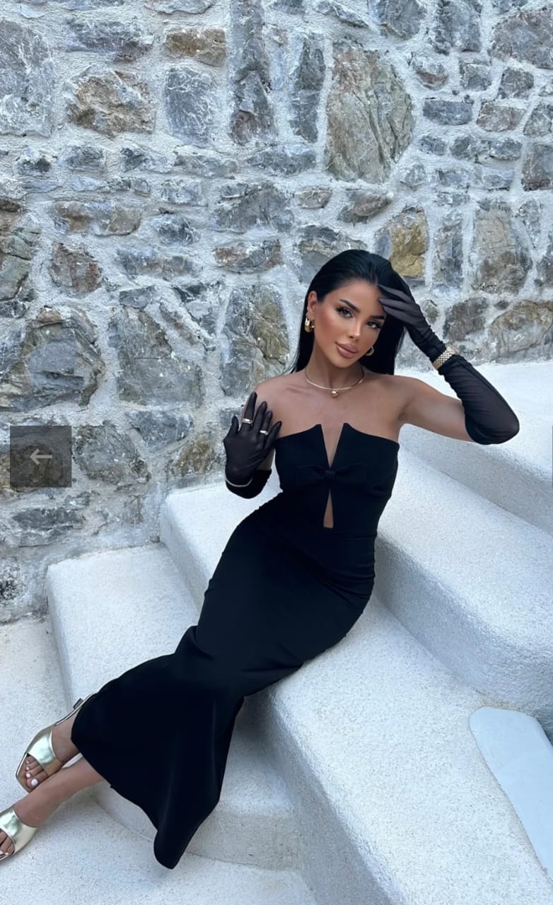 Black bow dress with chiffon gloves
