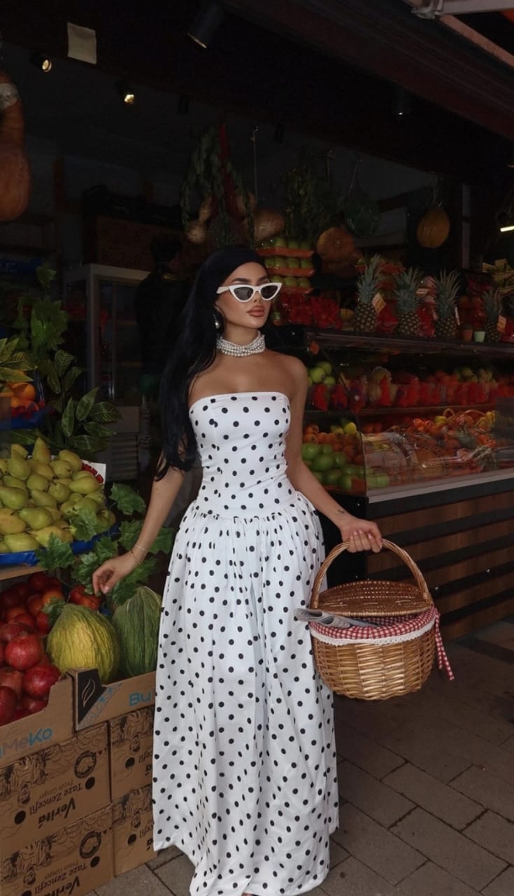 Polka dot white strapless dress