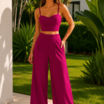 Sweetheart Neck Cotton Satin Co-Ord Set - Burgundy & Bright Orange