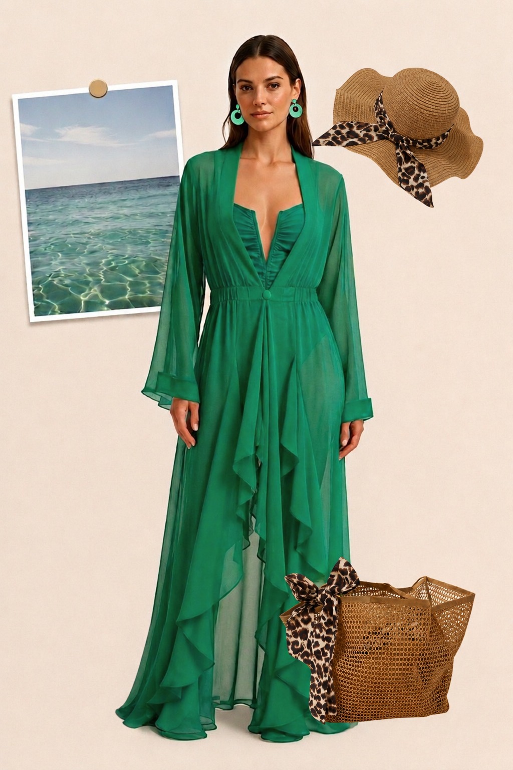 Silk Chiffon Cover Up Beach Dress Bold Green Color - Image 2