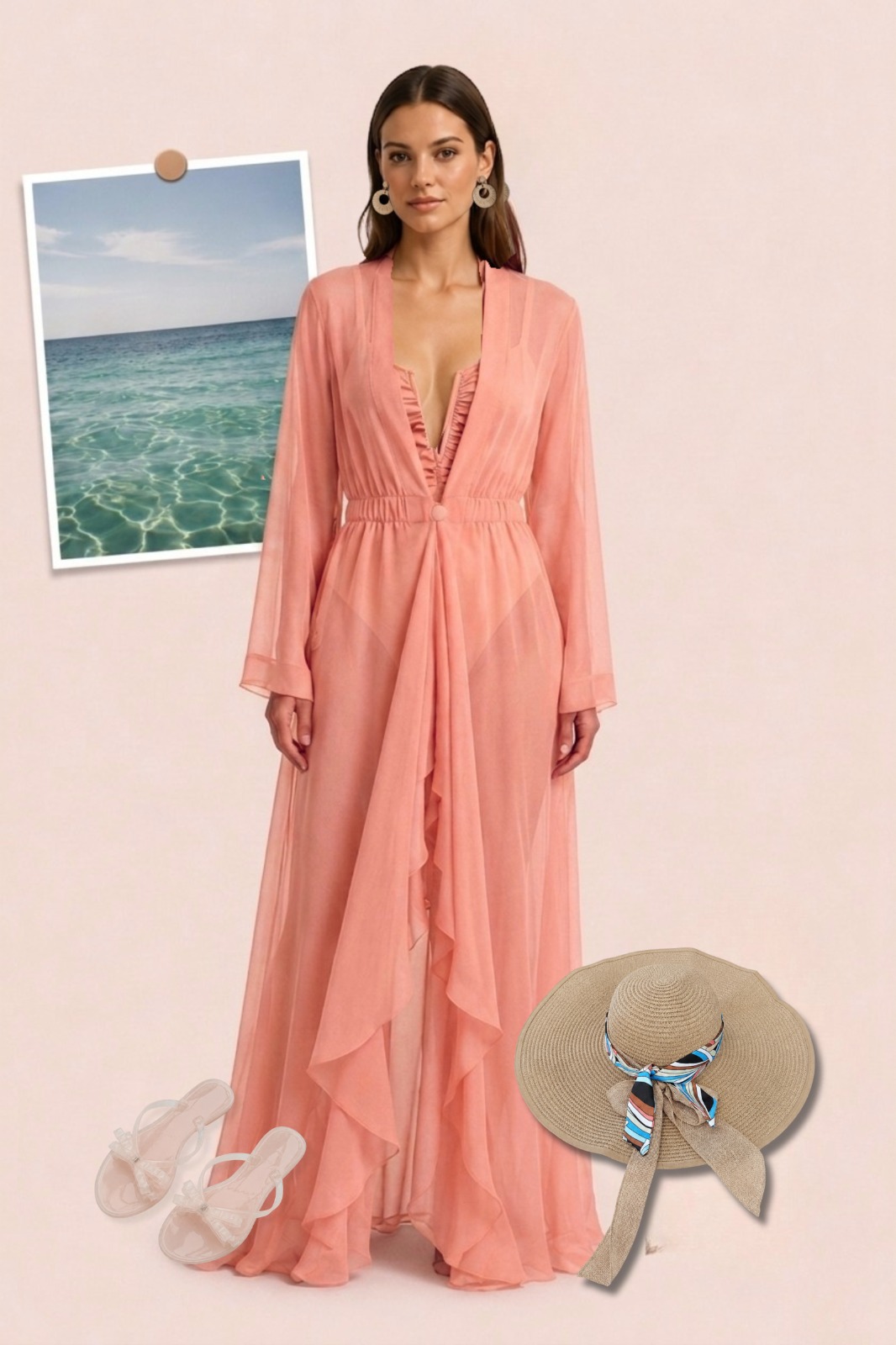 Silk Chiffon Cover Up Beach Dress Peach Color - Image 3