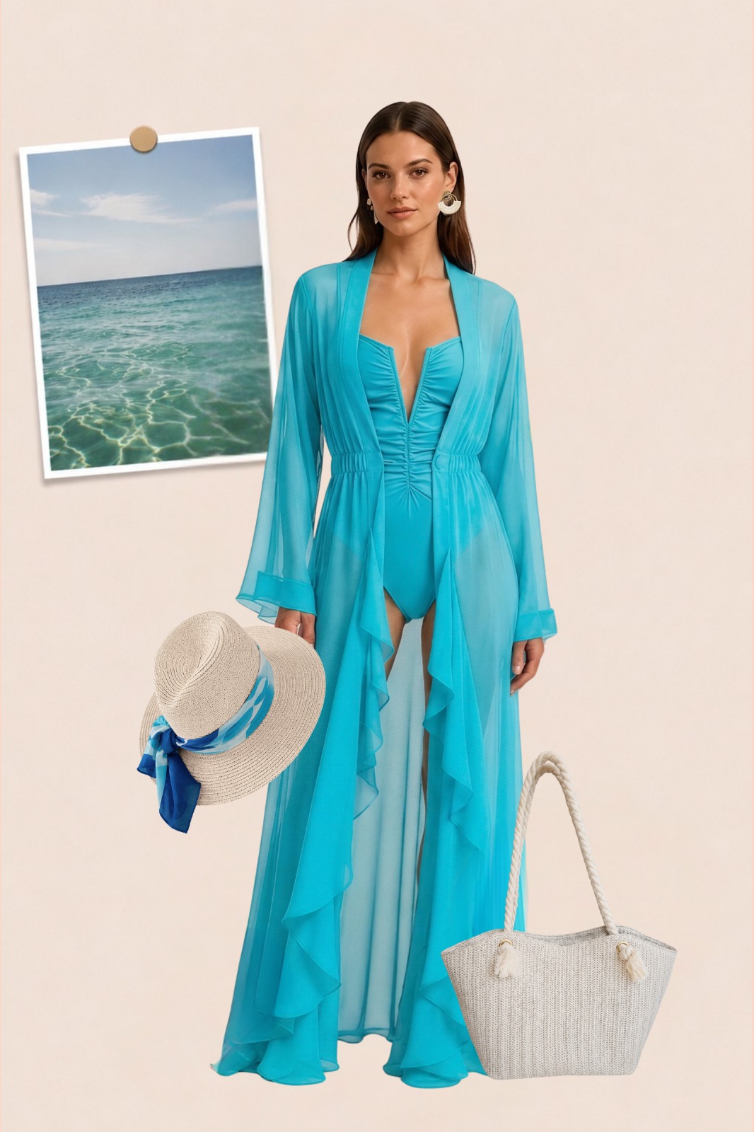 Silk Chiffon Cover Up Beach Dress Turquoise Color - Image 2