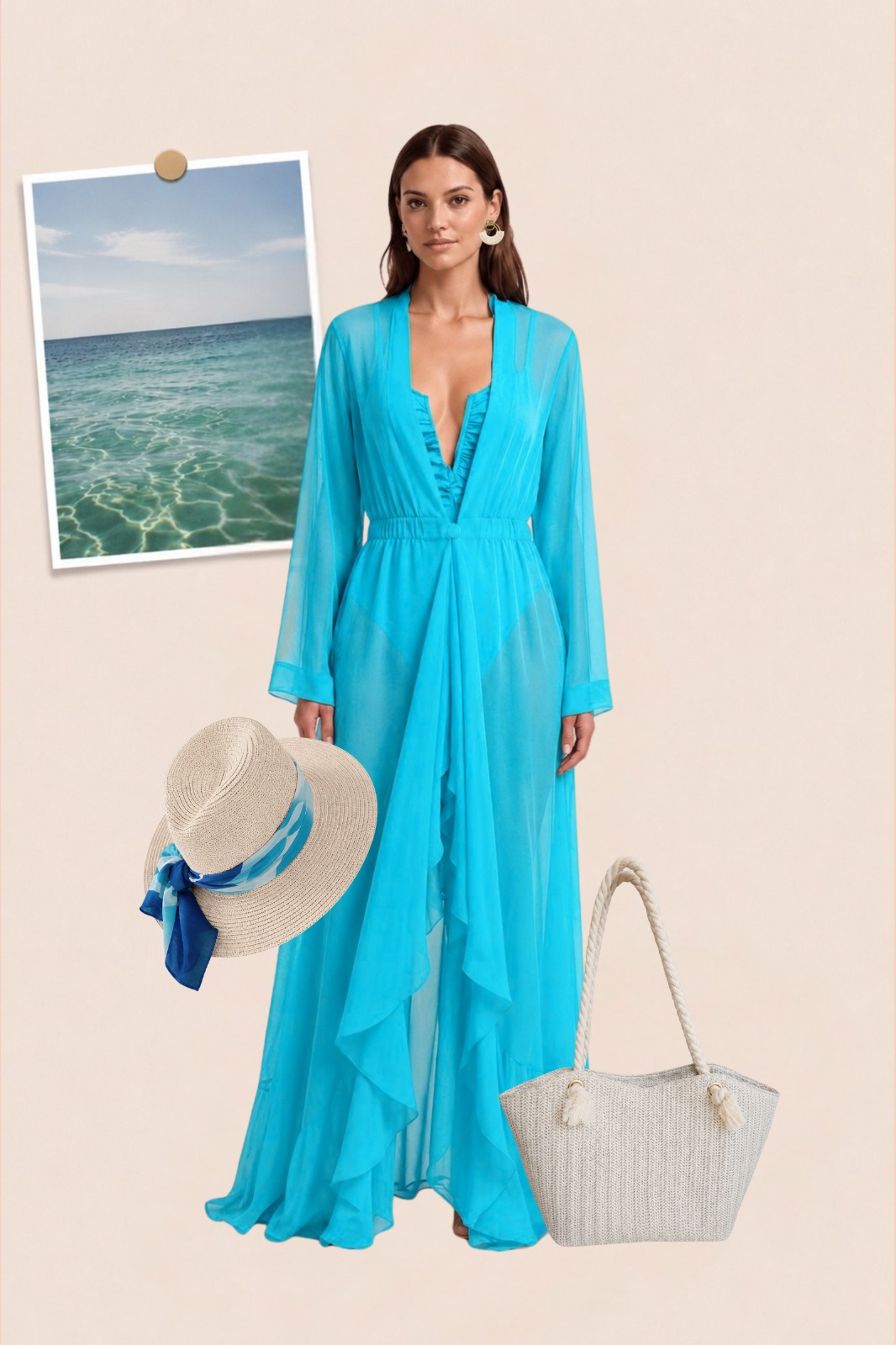 Silk Chiffon Cover Up Beach Dress Turquoise Color - Image 3