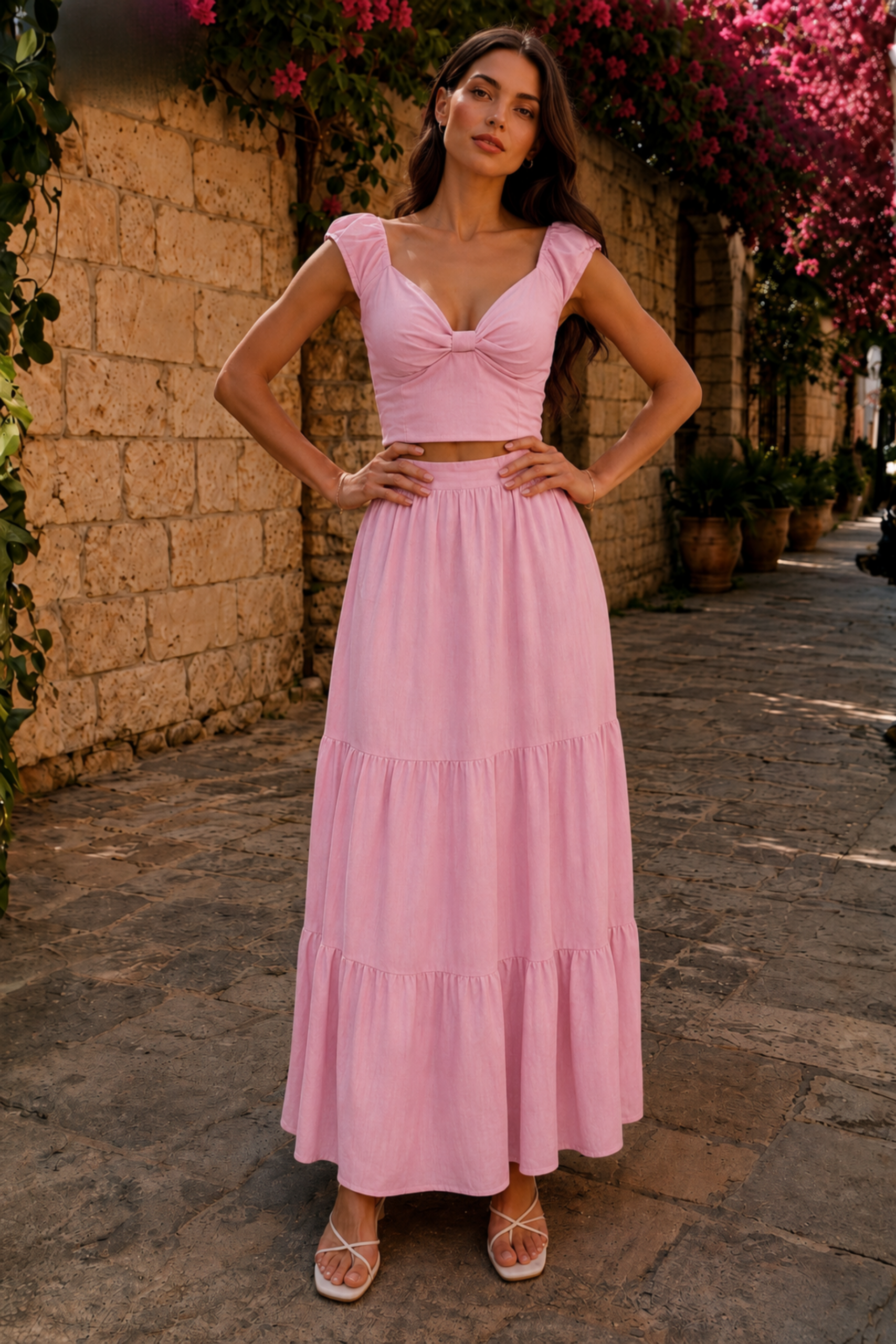 Pink Linen Crop Top & Maxi Skirt Set