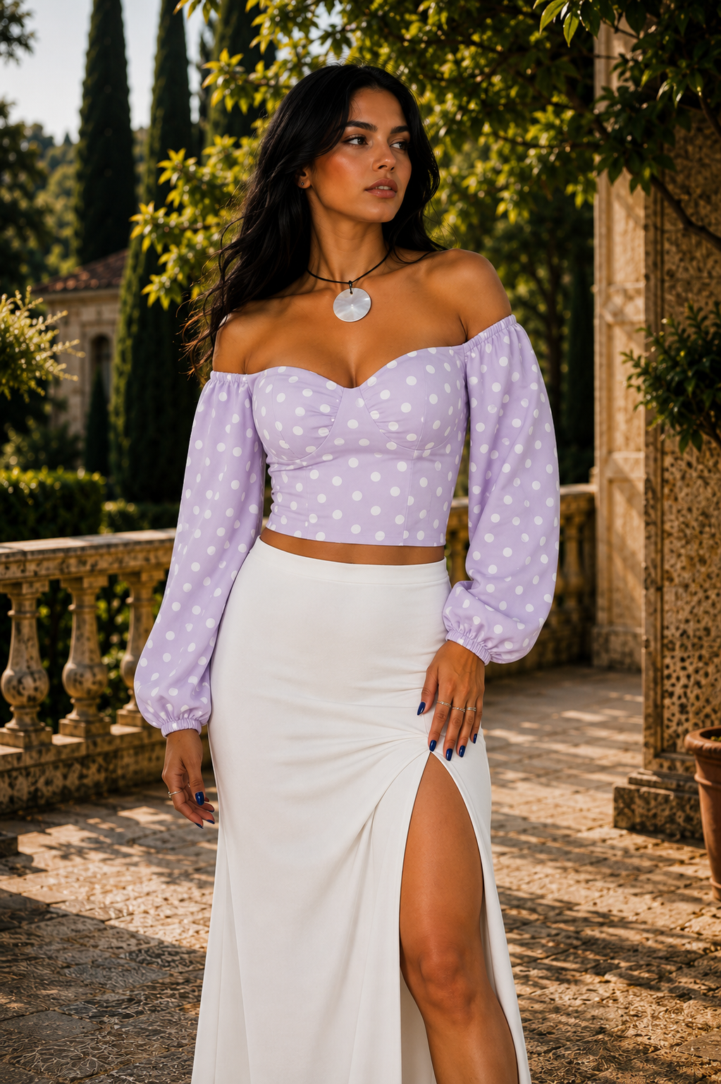 Long Sleeve Off-Shoulder Cotton Crepe Polka Dot Top - Image 3