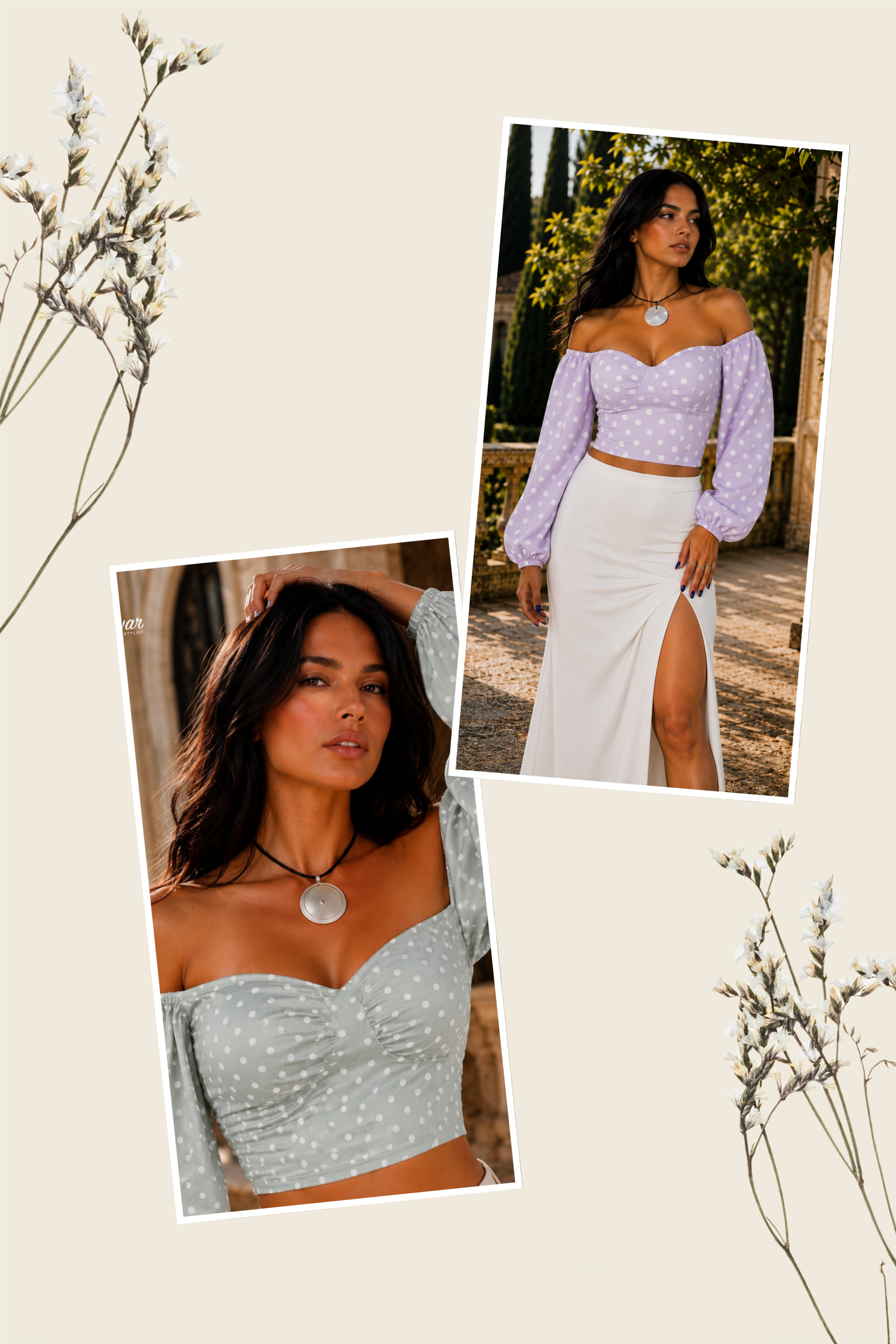 Long Sleeve Off-Shoulder Cotton Crepe Polka Dot Top